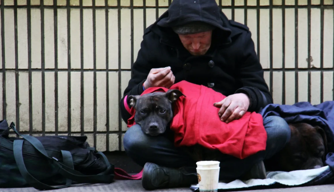 dog on top of person's lap while sitting on ground at daytime