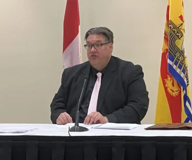 Child, Youth and Seniors Advocate Kelly Lamrock sits behind a table addressing reporters.