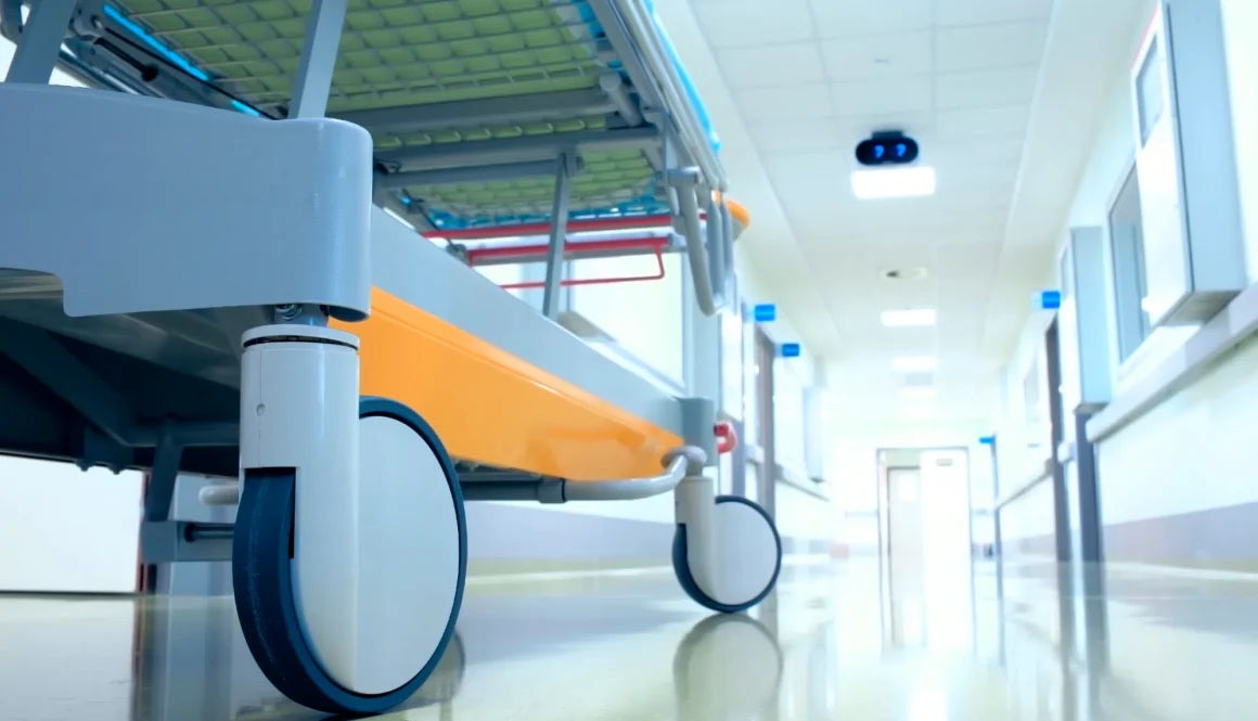 Stretcher (mobile bed) in a hospital corridor waiting for the pa