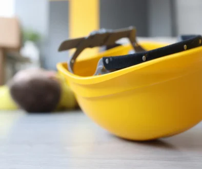 Yellow worker helmet on floor beside motionless construction worker