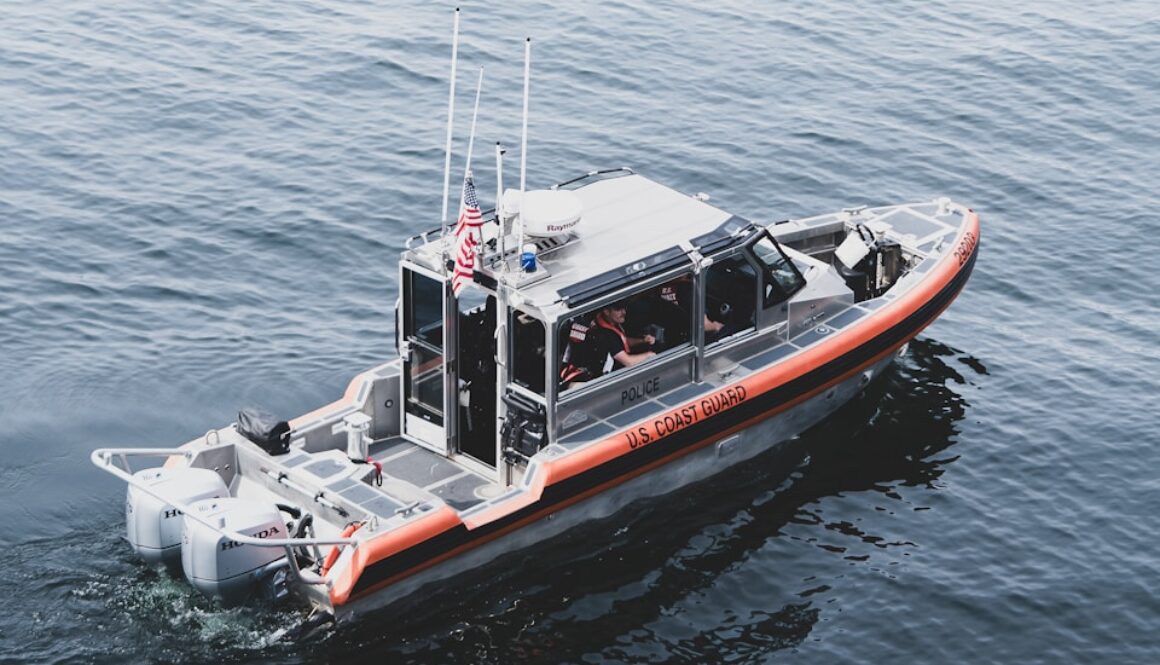 A rigid inflatable boat on calm blue water