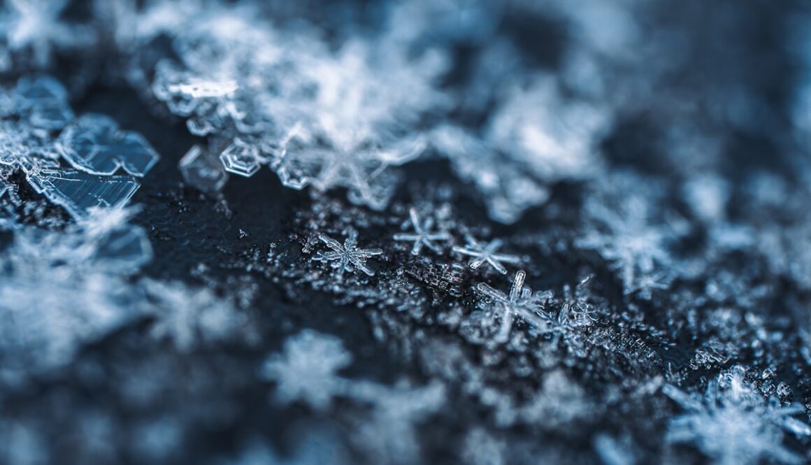 Close-up of delicate ice crystals and snowflakes.