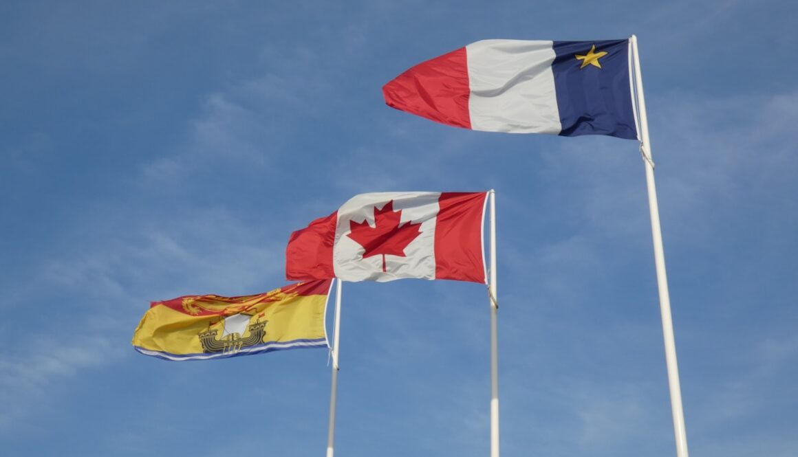 three canadian and canadian flags flying in the wind