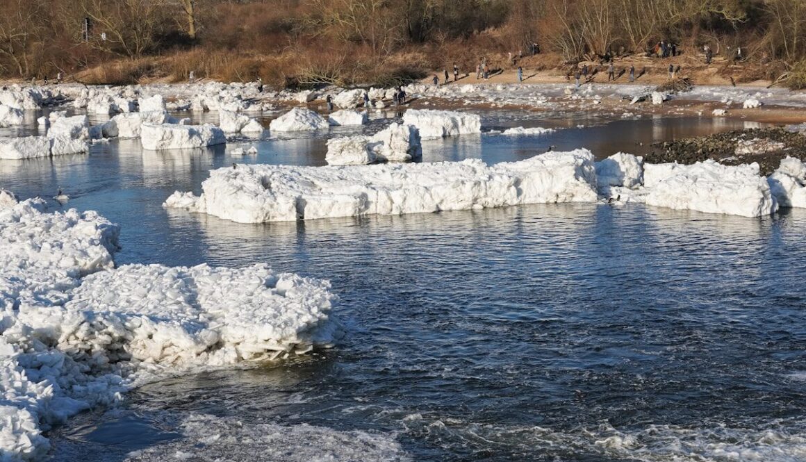Ice chunks floating in a partially frozen river.