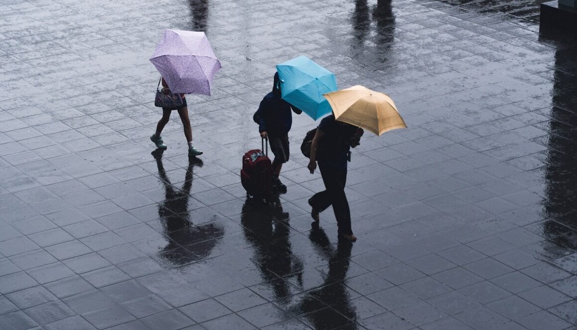 selective color photography of three person holding umbrellas under the rain