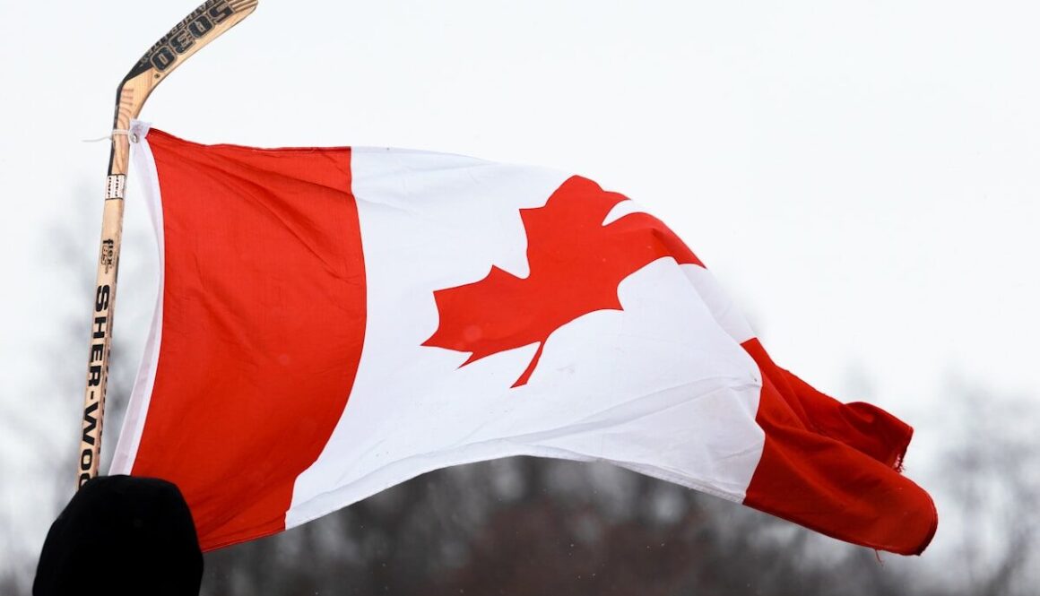 a canadian flag flying in the wind with trees in the background