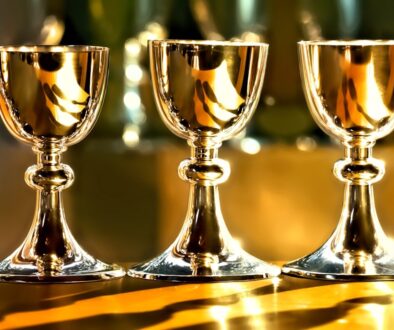 three gold chalice