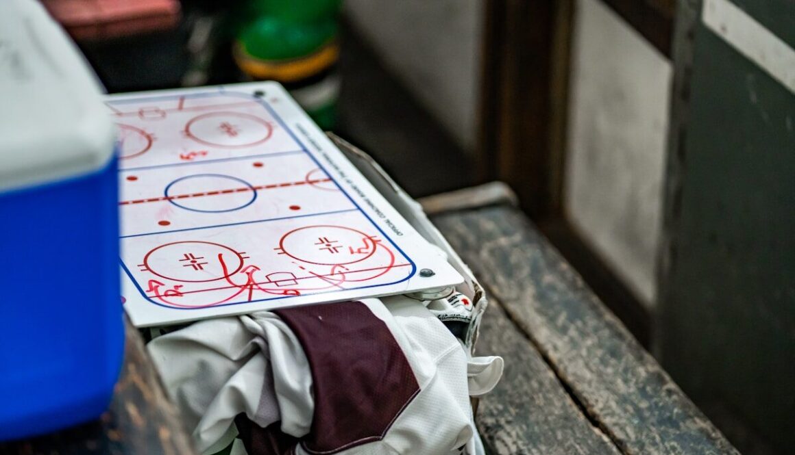 a close up of a table with a hockey board on it