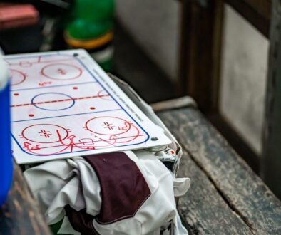 a close up of a table with a hockey board on it