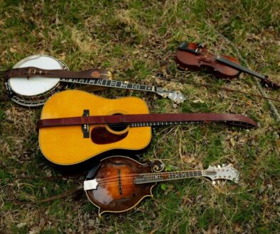 Acoustic guitar, banjo, mandolin, and violin on grass